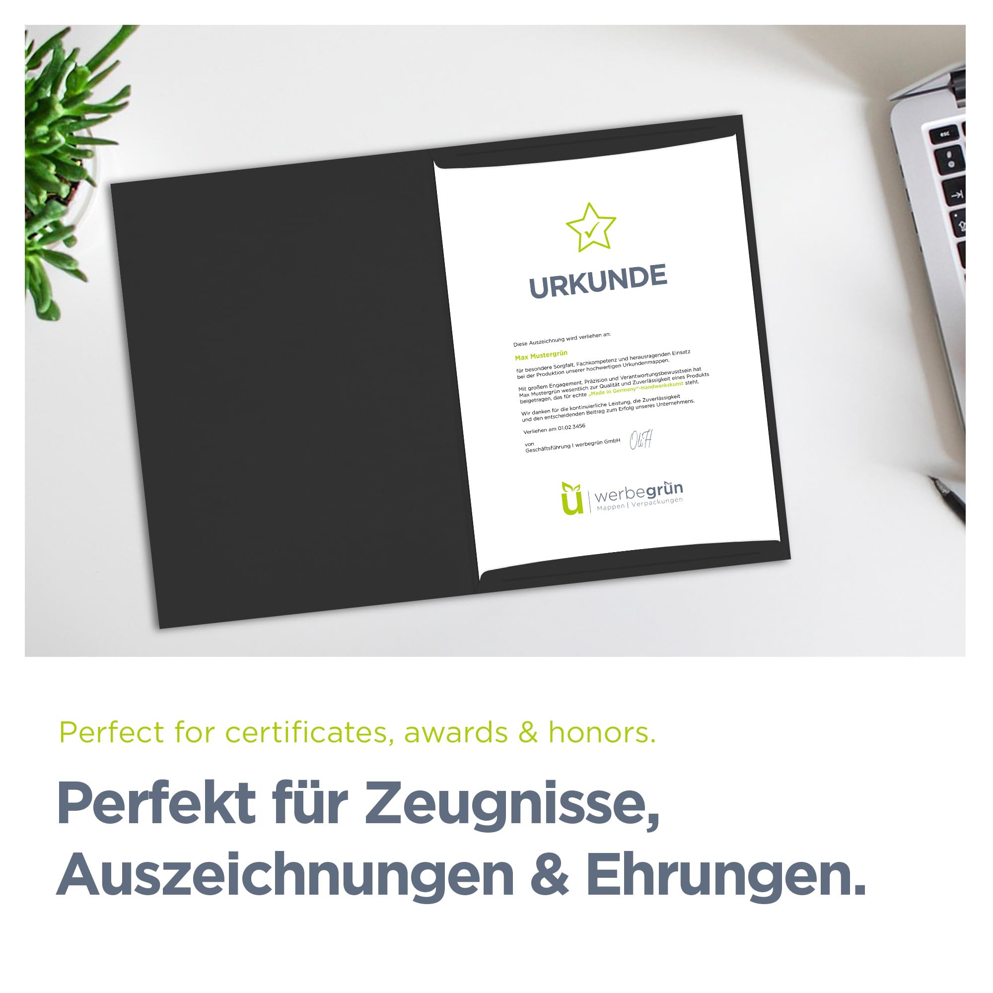 12 x Urkundenmappe für A4 schwarz, FSC® MIX 70%, hochwertige, stabile Dokumentenmappe 320g/m² Karton, Made in Germany, Kondolenzmappe, Zeugnisse, Zertifikate, Auszeichnungen, vom Hersteller Werbegrün