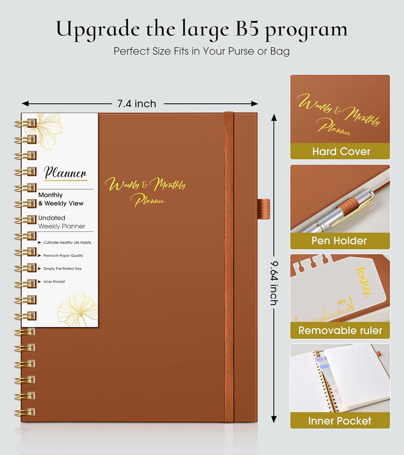 Undated Weekly and Monthly Planner, B5 Large Weekly To Do List Notebook with Goal & Habit Tracker Organizer, Hardcover Spiral Bound Blank Monthly Planner for Work School Home 7.4" x 9.64" Brown image 4 of 7 B0DDKTNG4Z
