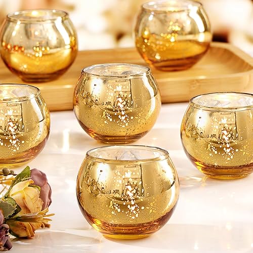 LAMORGIFT 24 portavelas votivas doradas, portavelas votivas de vidrio de mercurio para centros de mesa, candelabros de té para Ramadán, boda,
