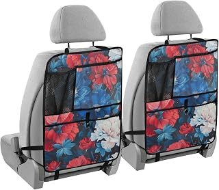 famyily Protector y organizador de asiento de coche para el Día de la Independencia, color rojo, azul y flor y blanco, organizador para asiento trasero, soporte para tableta, tapete para niños detrás