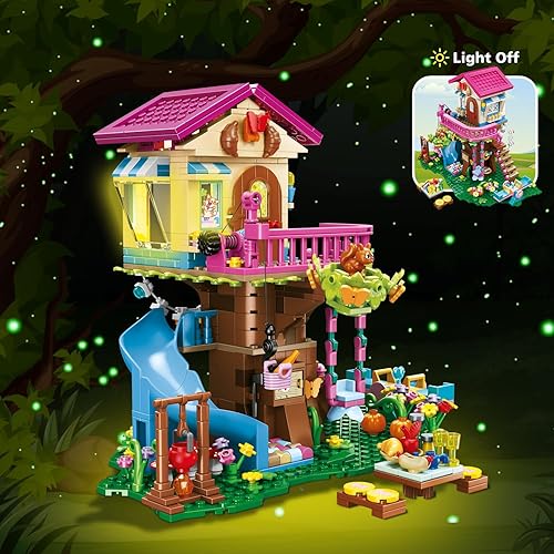 Miniatura 2 de HOGOKIDS Juego de construcción de casa de árbol con luz LED, 622 piezas de bloques de construcción de casa de árbol, juguetes de casa con tobogán,