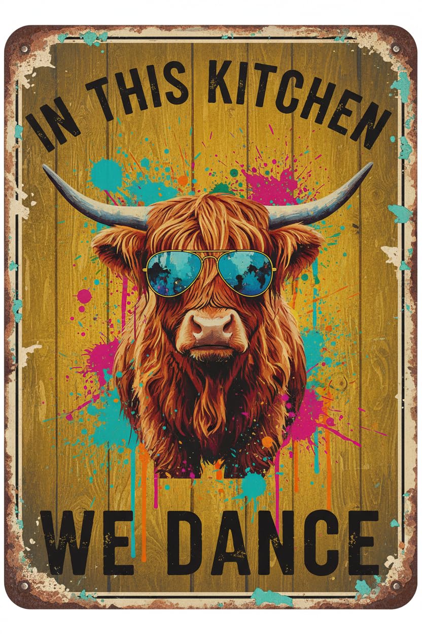 Cow In This Kitchen We Dance Tin Sign, 8x12 Inch