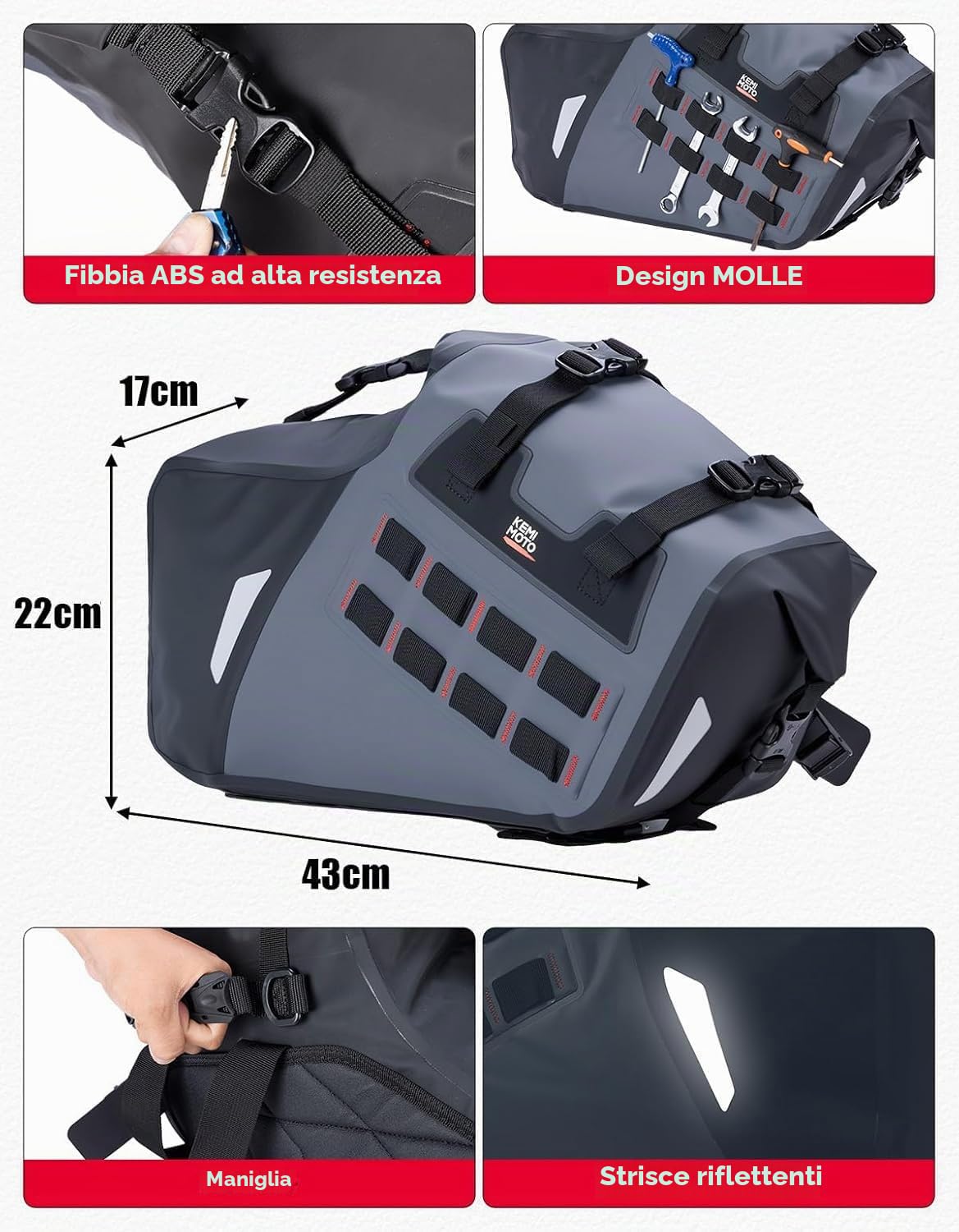 KEMIMOTO Borse Laterali Moto Impermeabili IPX6, Borsa Moto da Viaggio in PVC Morbido per Set 30L (15L x 2), Borse da Sella e da Coda Senza Supporto per Enduro Adventure e Motocicletta Dual Sport