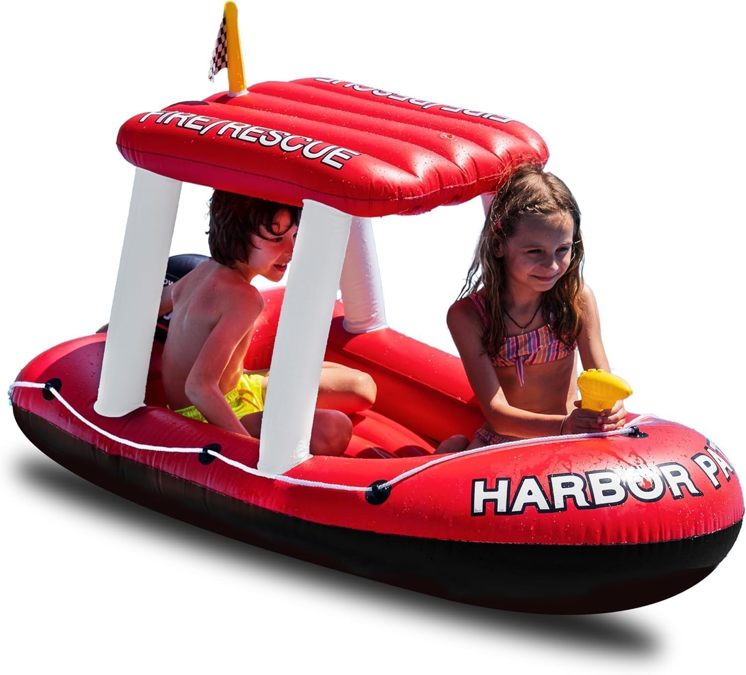 Fire Boat and Harbor Master Inflatable Pool Float, Ride On Water Toy