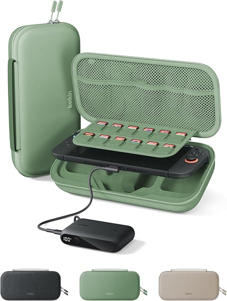Belkin Gaming Charger Case (Charcoal) w/ 10,000mAh Power Bank + Anti-Reflective TemperedGlass Screen Protector Bundle for Nintendo Switch 2 - Travel Essentials w/AirTag Holder, Game Storage & More - 4