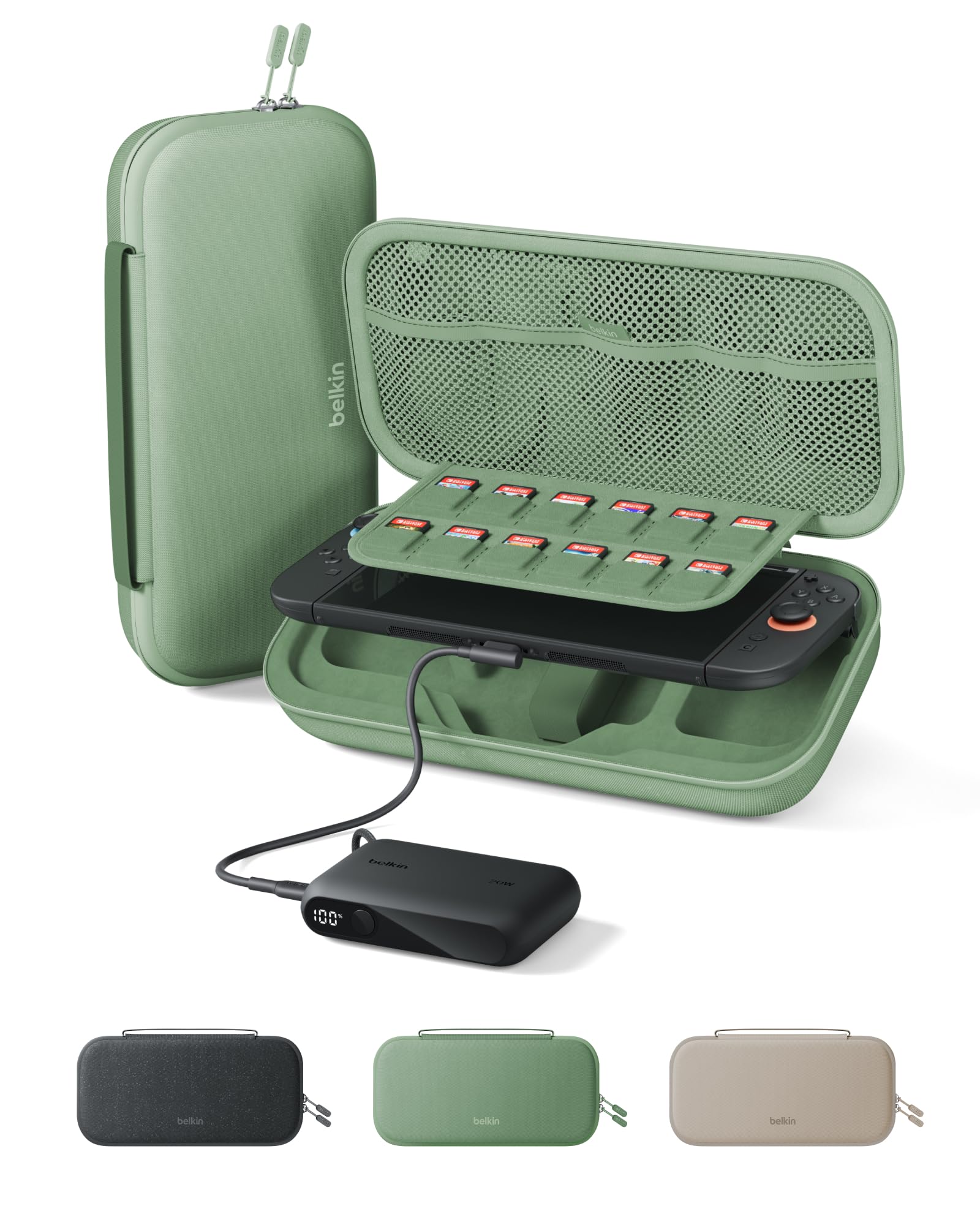 Belkin Nintendo Switch 2 Case w/Integrated 10,000mAh Power Bank Charger, Portable Hard Shell Protective Carrying Case with Pockets for AirTag, Game