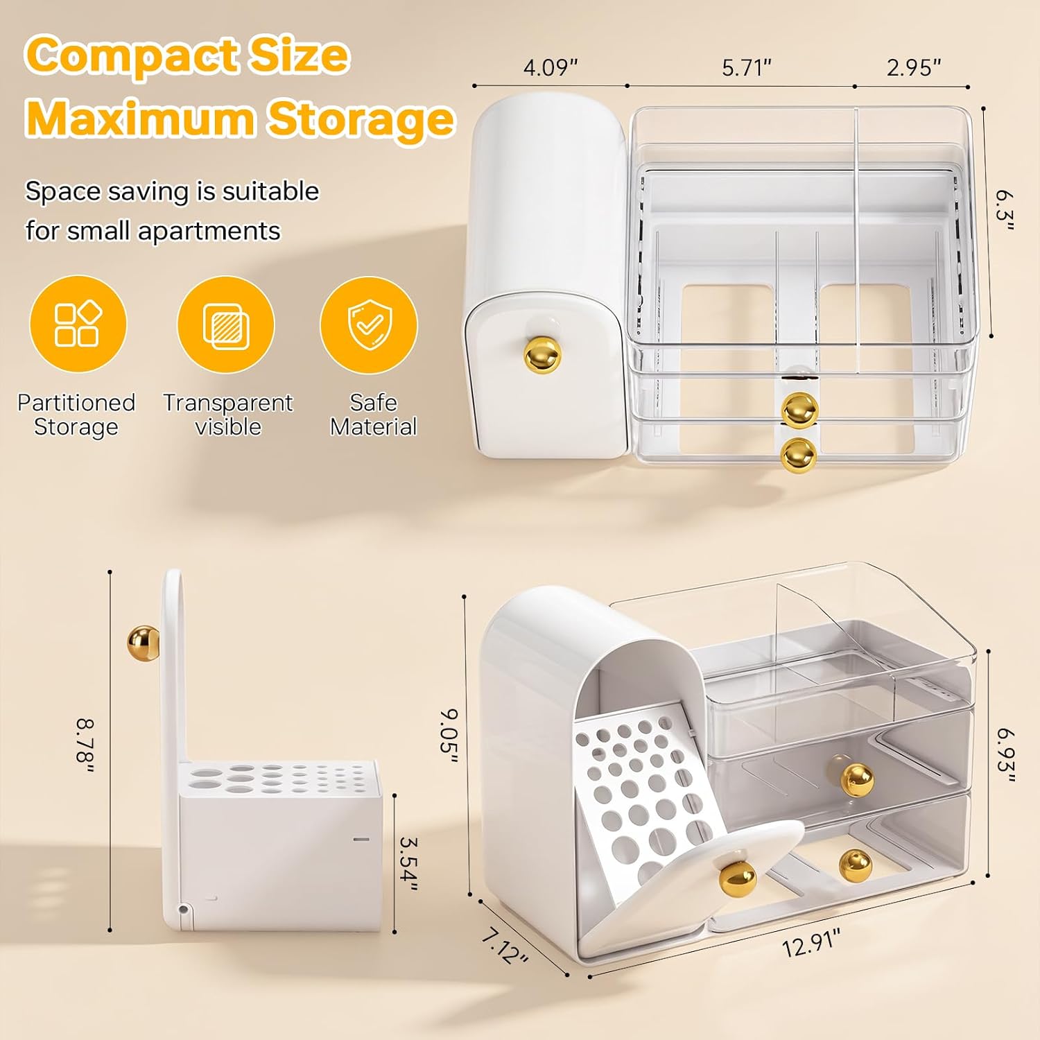 Makeup Organizer for Vanity: Skincare Organizers with Drawers & Brush Holder - Cosmetic Display Case Skincare Storage Box with Clear Drawers Countertop Vanity for Bedroom Bathroom Dresser