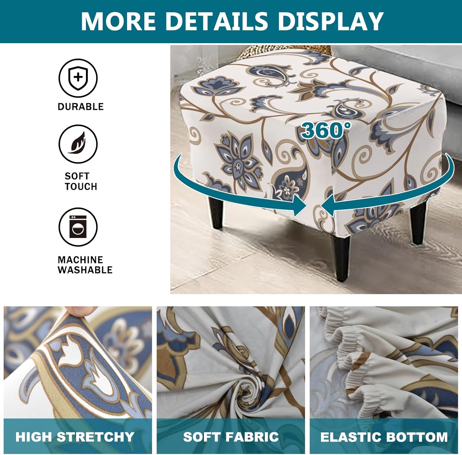 KRFOONN Stretch Ottoman Cover Slipcovers Rectangle Fit Length 39"-47" Footrest Stool Covers Printed Ottoman Cover for Foot Stool Furniture Protector with Non Slip Elastic Bottom, Color 17