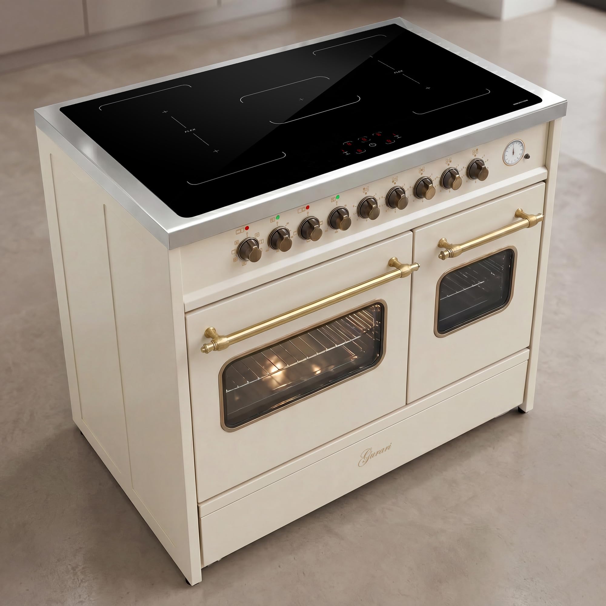 Gurari Induktions Standherd 90 cm GCH E 913 DF CR • Retro Range Cooker Creme • 2 Backöfen • 5 Induktionszonen mit 2 Flexzonen & Booster • Easy Clean Emaille • Premium Elektroherd
