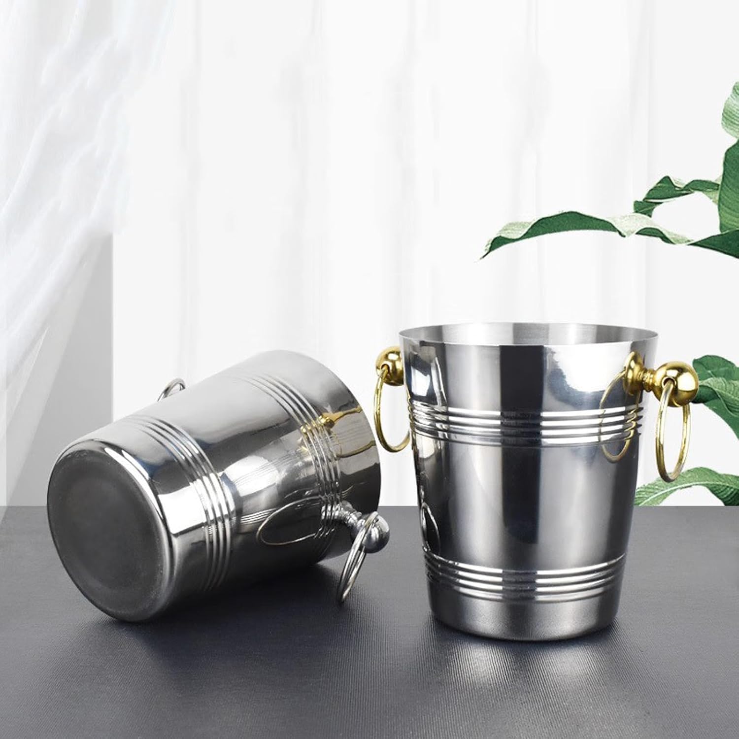 Ice Bucket Ice Bucket, Polished Stainless Steel Metal With Golden Carry Handles, Wine Chiller, Beverage Tub for Parities, Picnics, Camping, Outdoor Bar Use, Silver Beverage Ice Tub(Small)