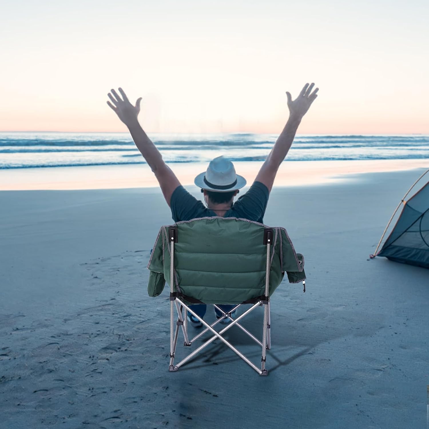 CDEN Oversized Camping Chair, Padded Lawn Chair, with Cup Holder, Side Pocket, Cooler Bag, for Camping, Hiking, Picnic, Travel, Festiva (2 Pack, Green)