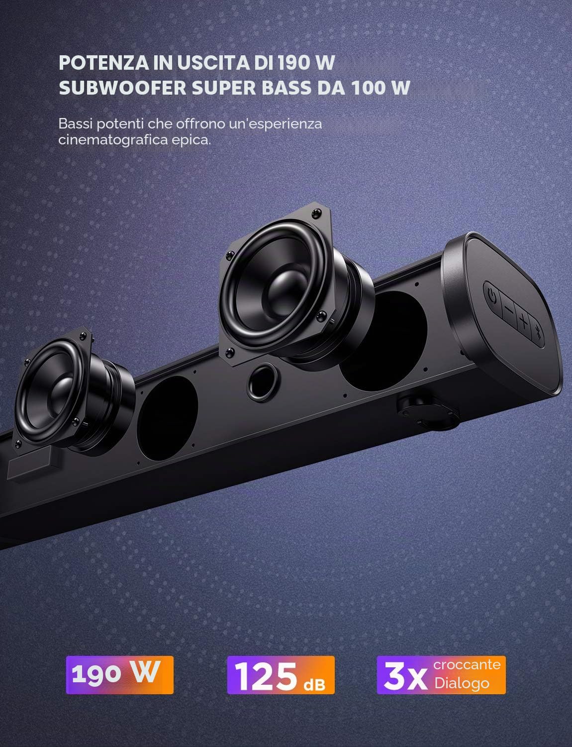 Soundbar 2.1 canali con altoparlante subwoofer 190 W, soundbar TV HDMI, soundbar wireless Bluetooth 5.0, home cinema per TV, PC, PS4, PS5, laptop, tablet -Tapio III, nero
