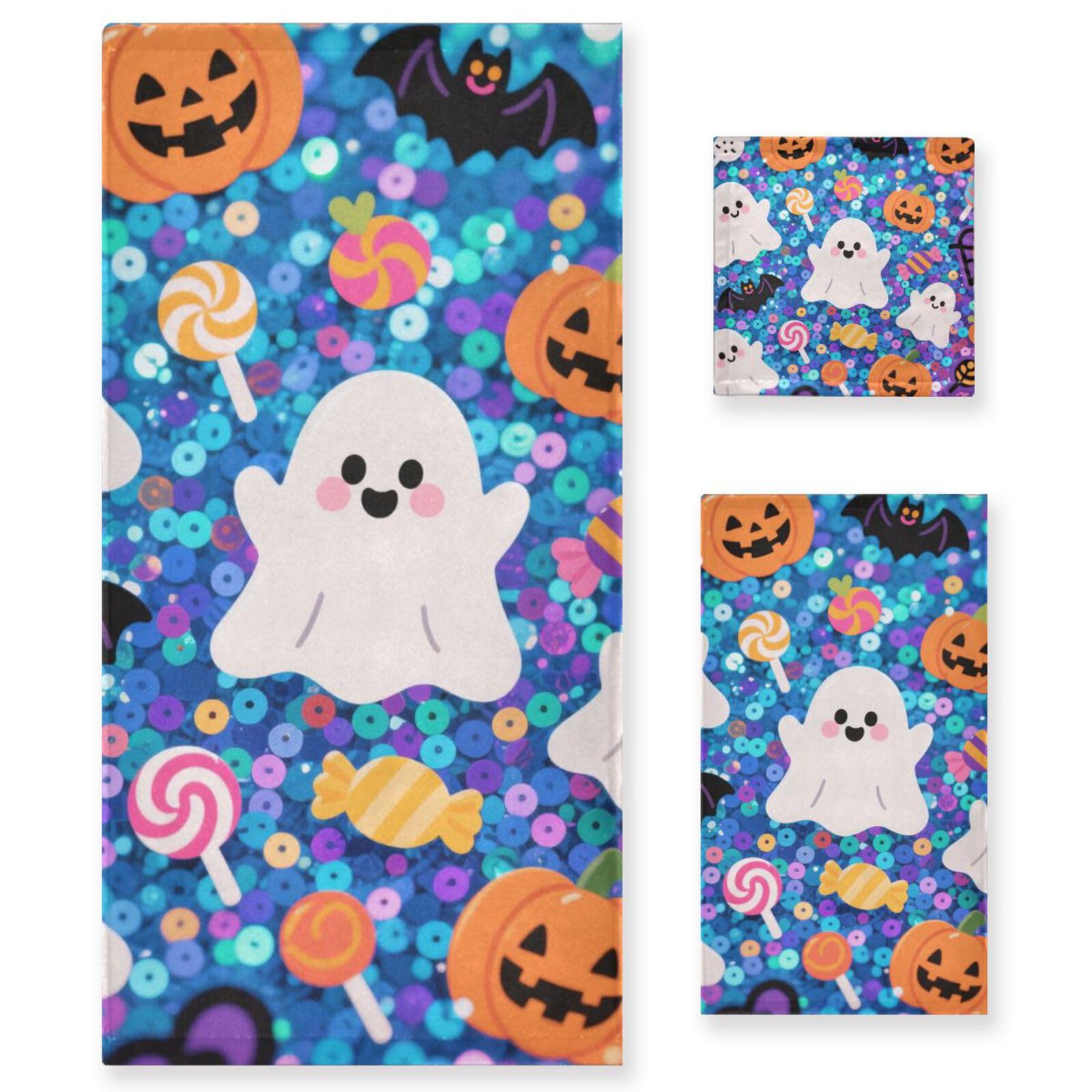 Halloween żółta dynia z cekinami szybkoschnące ręczniki do twarzy zestaw 3 sztuk, 1 ręcznik kąpielowy 1 ręcznik do rąk 1 ściereczka do łazienki kuchni