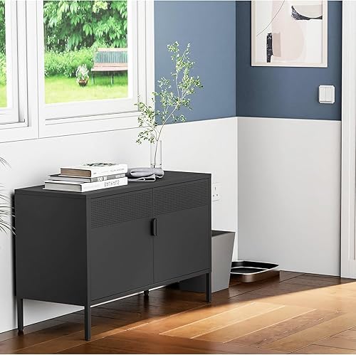 Miniatura 7 de COFaR Armario de metal negro para cafetería, 39.4 pulgadas de ancho, armario de almacenamiento con 2 puertas decorativas, aparador de buffet para