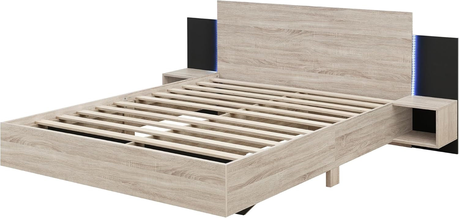 Queen Size Platform Bed with Two Bedside Nightstand, Wooden Floating Platform Bed with Sturdy Slat Support, No Box Spring Needed (Natural-2)