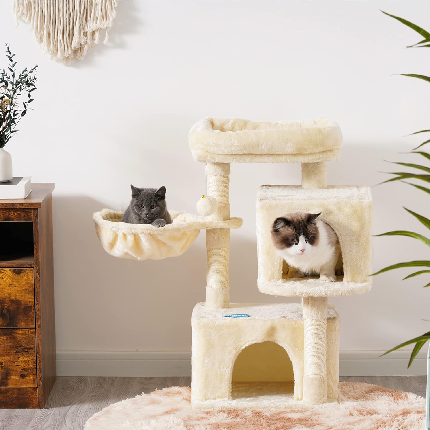 Hey-brother Cat Tree, Cat Tower with 2 Cozy Plush Condos,Sisal Posts,Basket,,Beige MPJ005SM