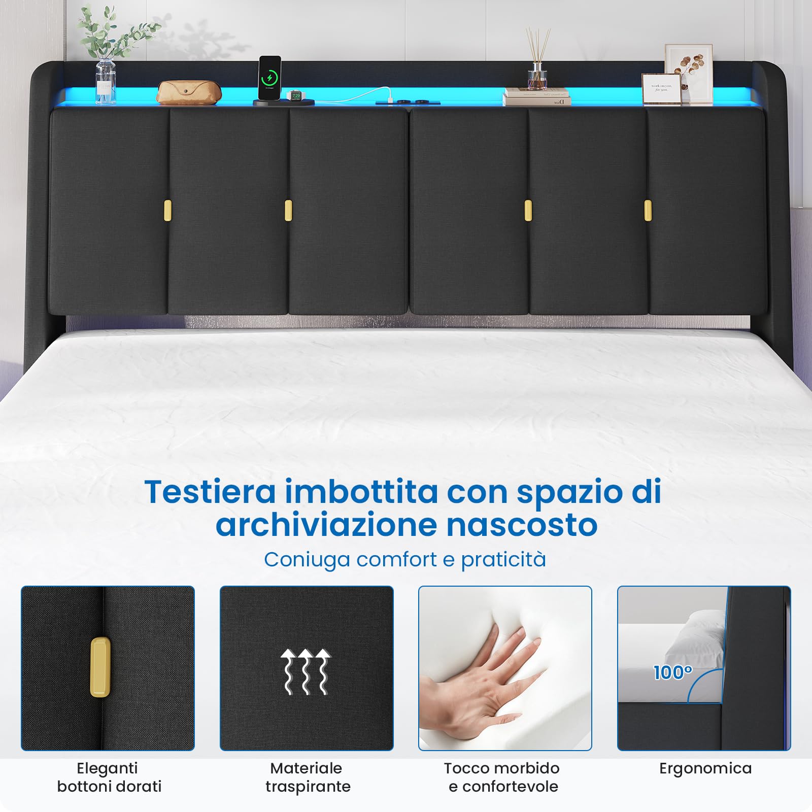 Letto matrimoniale 160x200cm Flottante Testiera Imbottita, LED, USB, Grigio
