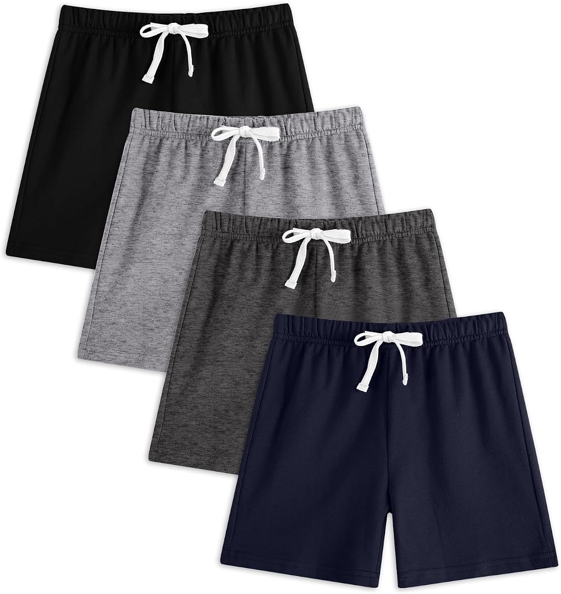 4 Pack Boys Toddler French Terry Cotton Shorts with Drawstring for Kids
