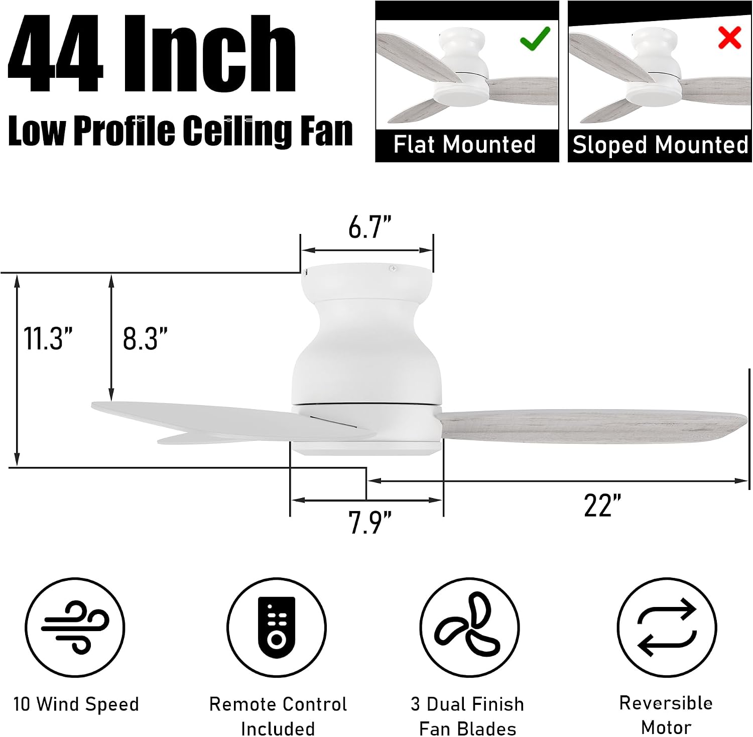 CEME 44 Inch Flush Mount Ceiling Fan, White, 10-Speed Reversible DC Motor, 3 Dual Finish Blades, Remote Controlled Low Profile Indoor Bedroom Fan