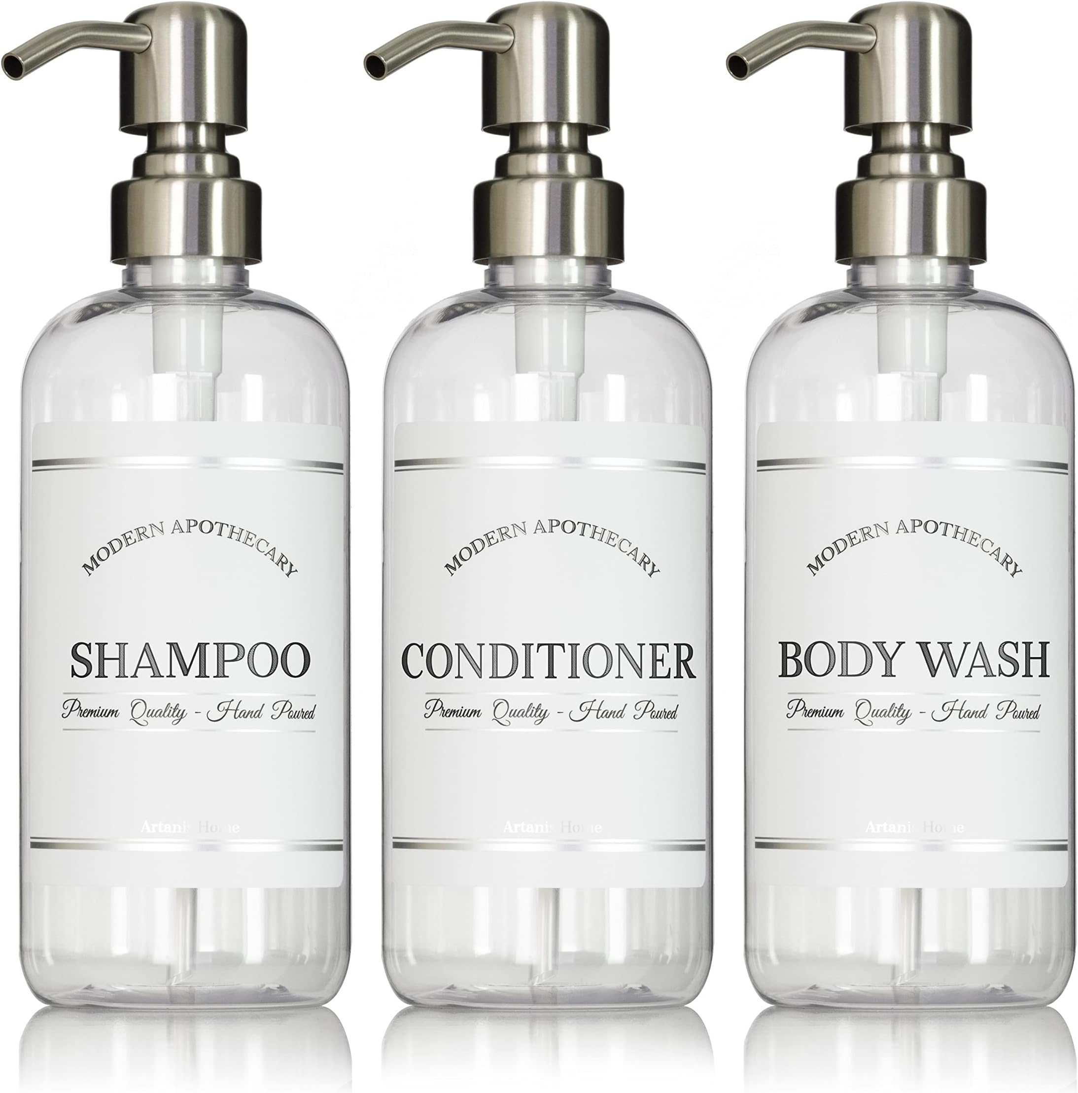 Clear Refillable Shampoo and Conditioner Bottles - Body Wash, Shampoo and Conditioner Dispenser - PET Plastic Shampoo Bottles Refillable with Pump - Waterproof Labels - 16 oz, 3 Pack (Stainless Steel)