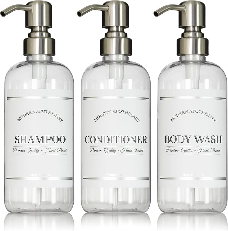 Frascos Recarregáveis de Plástico PET com Bomba para Shampoo, Condicionador e Sabonete Líquido Artanis Home, 3 Unidades, 473 mL, Bombas em Aço Inoxidável