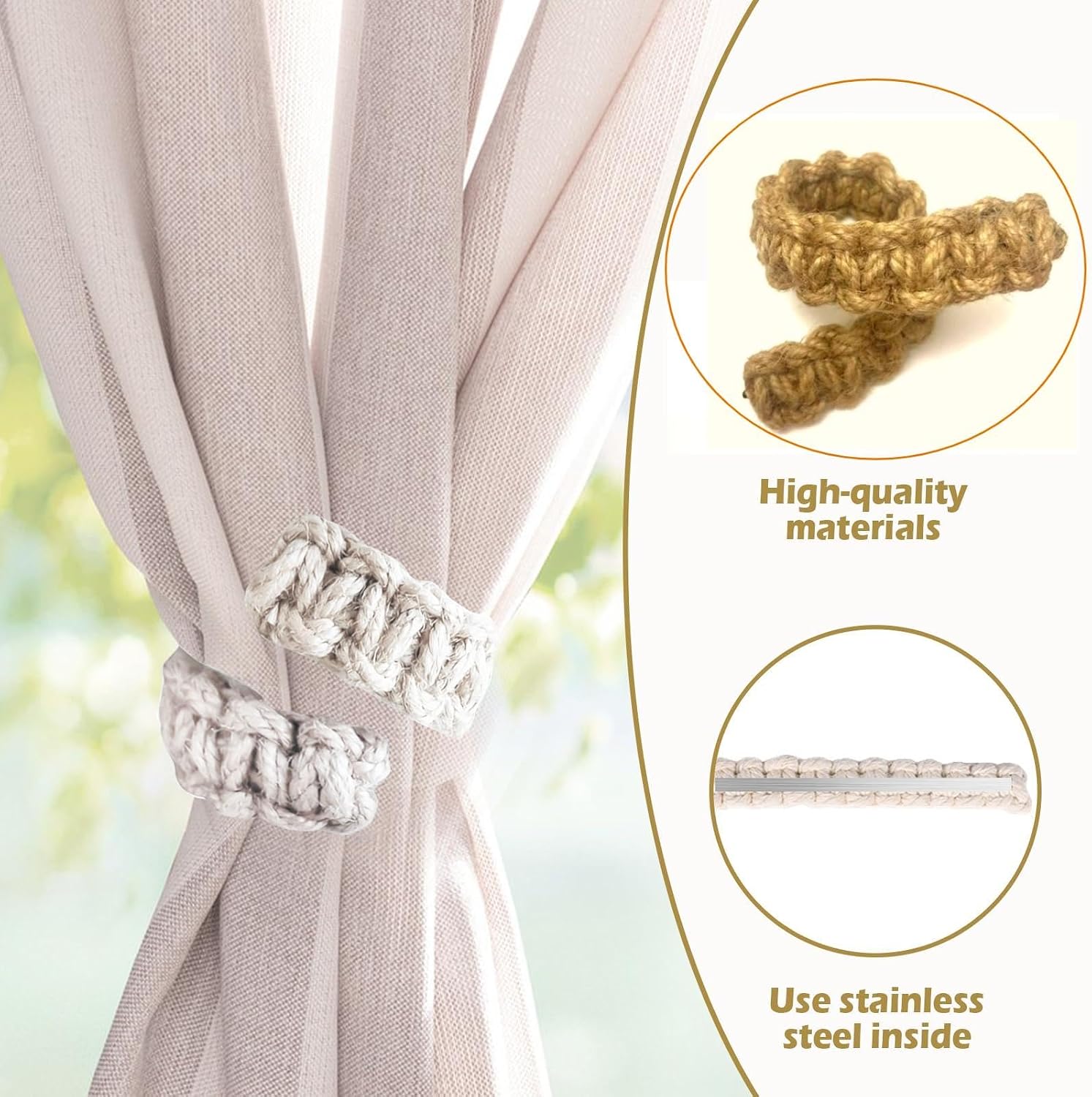 Brown Braided Boho Rustic Curtain Tiebacks Set of 2 No Drill Holdbacks | Braided curtain tiebacks fit sheer & outdoor drapes; rustic boho decor, tool-free easy install for window curtains
