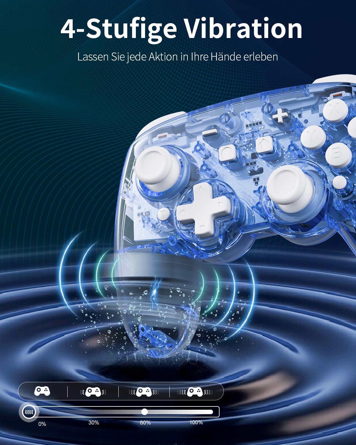 PALPOW Switch 2 Controller mit Switch 1/2/OLED/Lite, Hall-Effekt-Joysticks Pro Controller mit 7 RGB LED/Makro Paddles/Bluetooth/Bewegungsaufnehmer/6-Achsen-Gyro/Turbo,Transparent Blau