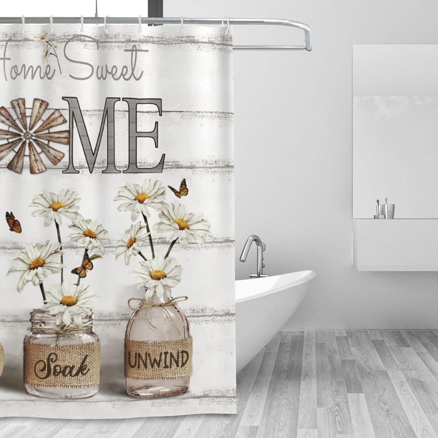 Tijuboni Farmhouse Daisy Shower Curtain White Flower Shower Curtains for Neutral Country Floral Bathroom Decor Rustic Shower Curtain Waterproof Polyester Fabric 72 x 72 Inch