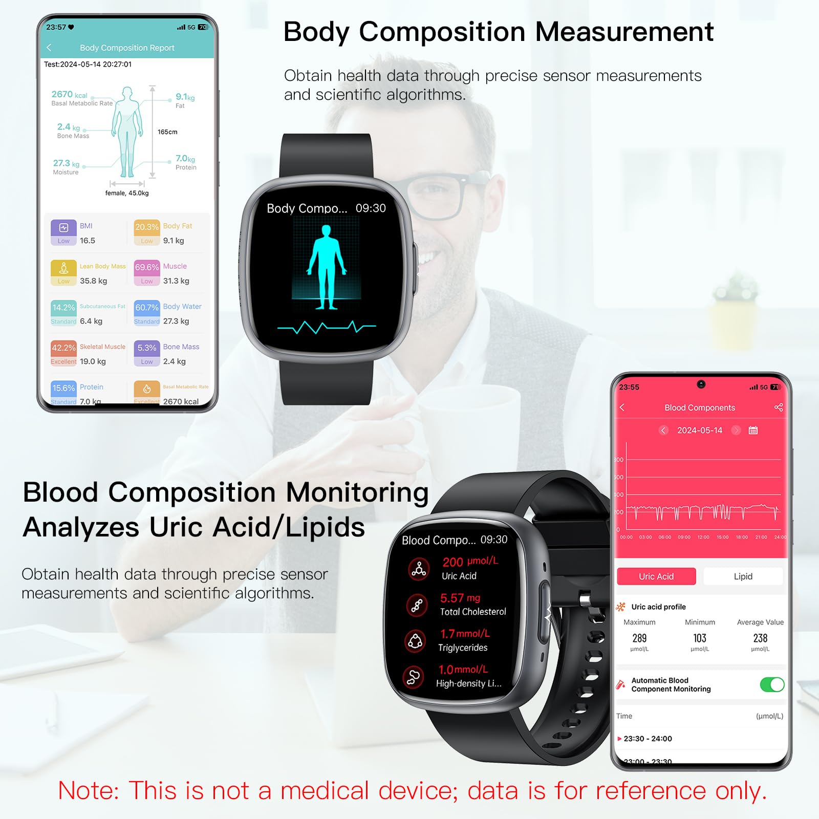 Smartwatch 2025 ECG/HRV/BMI/Acido Urico/Bluetooth Chiamate Orologio Saluta Uomo Donna 1.75'' AMOLED 24H 𝐆li𝐜𝐞𝐦𝐢𝐚 Pressione Sanguigna Frequenza Cardiaca SpO2 Temperatura Sonno Fitness Tracker