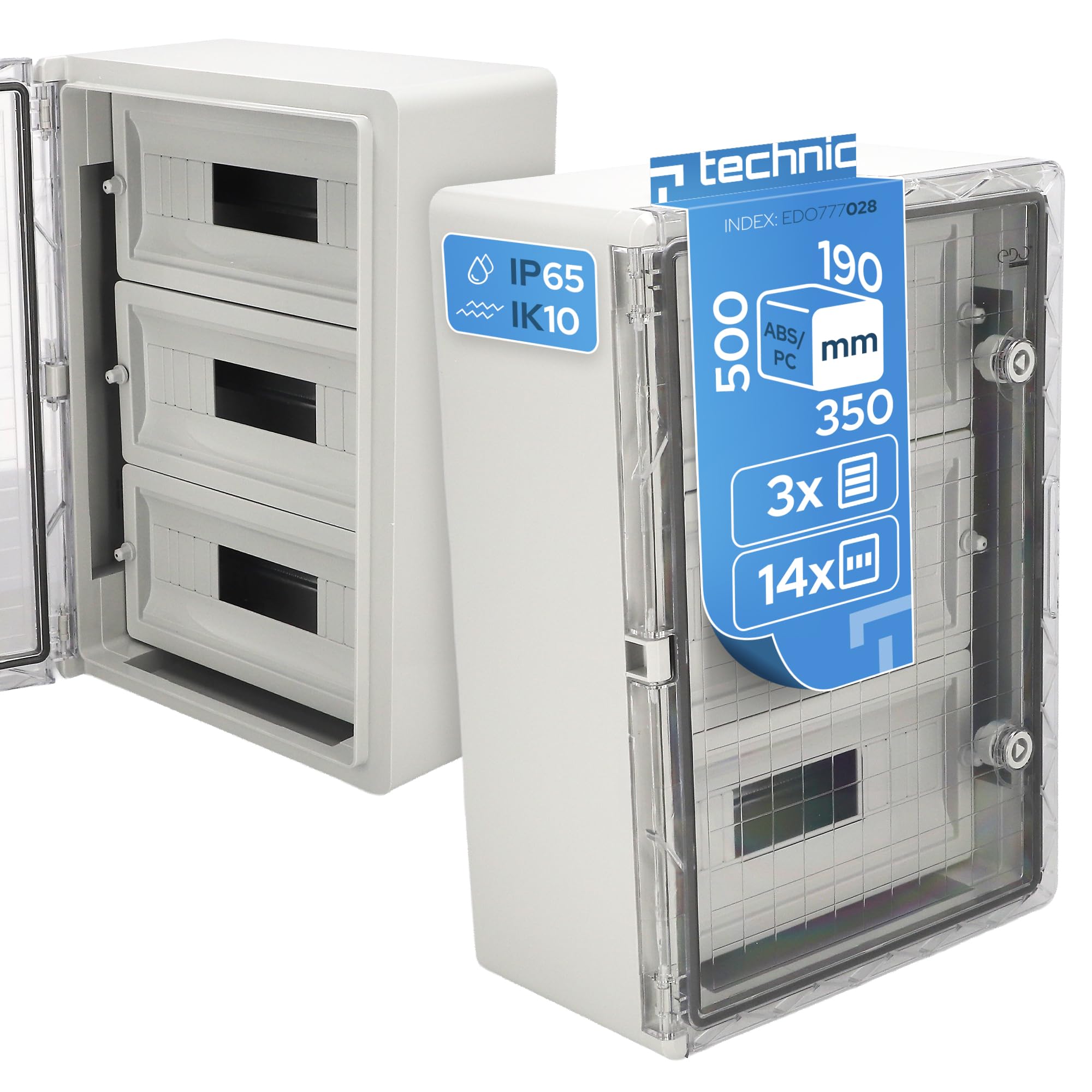EDO Quadro Elettrico da Parete 350x500x190mm IP65 Con guida DIN TH 14x3 | Scatola di Distribuzione in ABS con Sportello Trasparente e Piastra Zincata-Armadietto per Impianti Elettrici Interno/Esterno