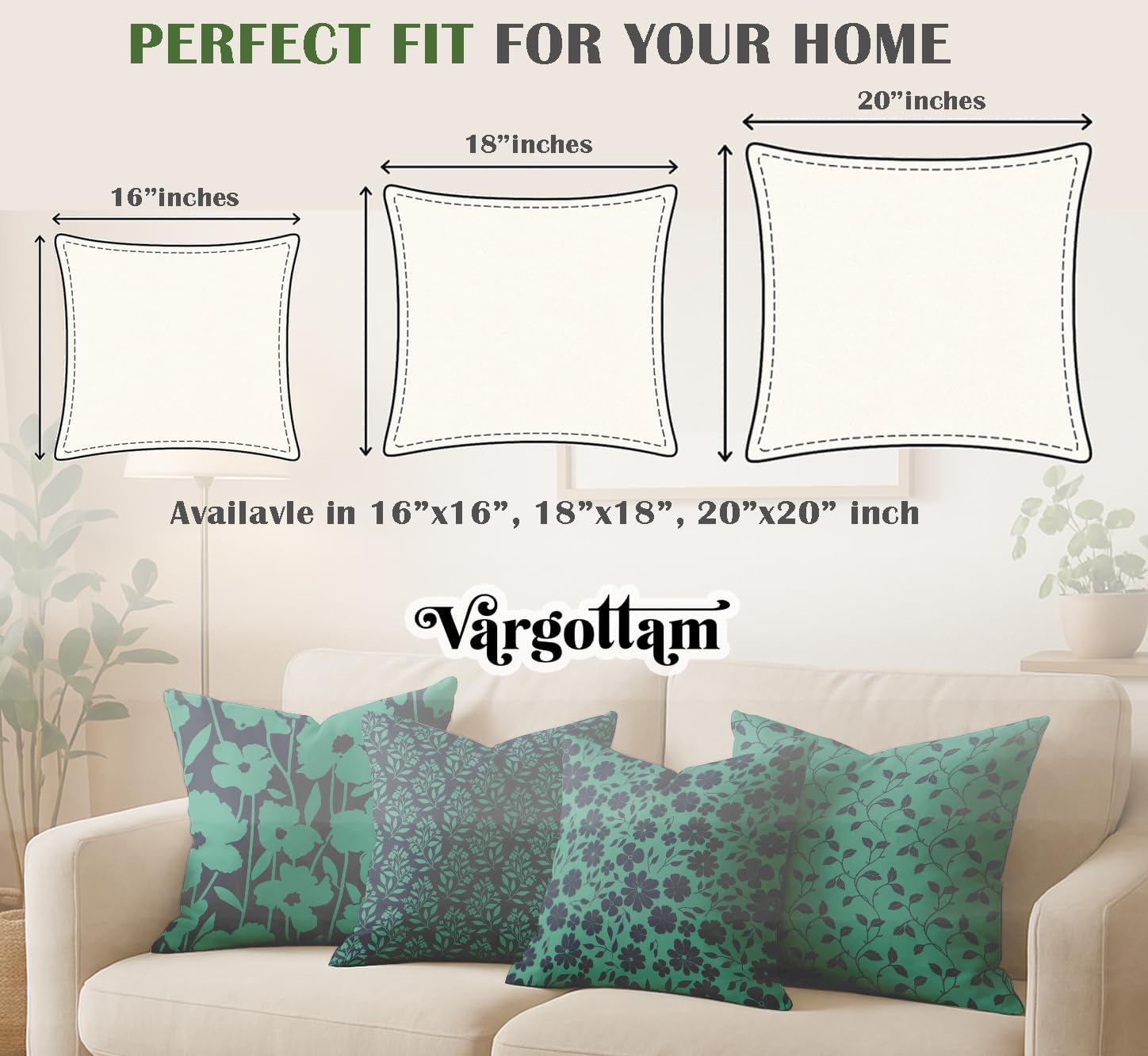 Set of 4 16x16 Cotton Cushion Covers - Decorative Reversible Pillow Covers with Concealed Zipper - Filler Not Included - Floral Print, Green