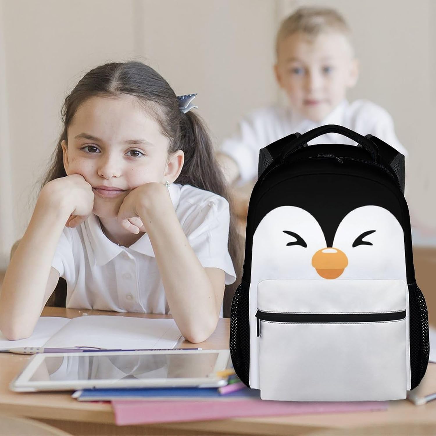 UNIKITTY School Backpack for Girls Boys, Penguin Backpack with Adjustable Straps, 17" Girls Backpacks Ages 6-8 Large Capacity Durable, White Cute Kids Backpack