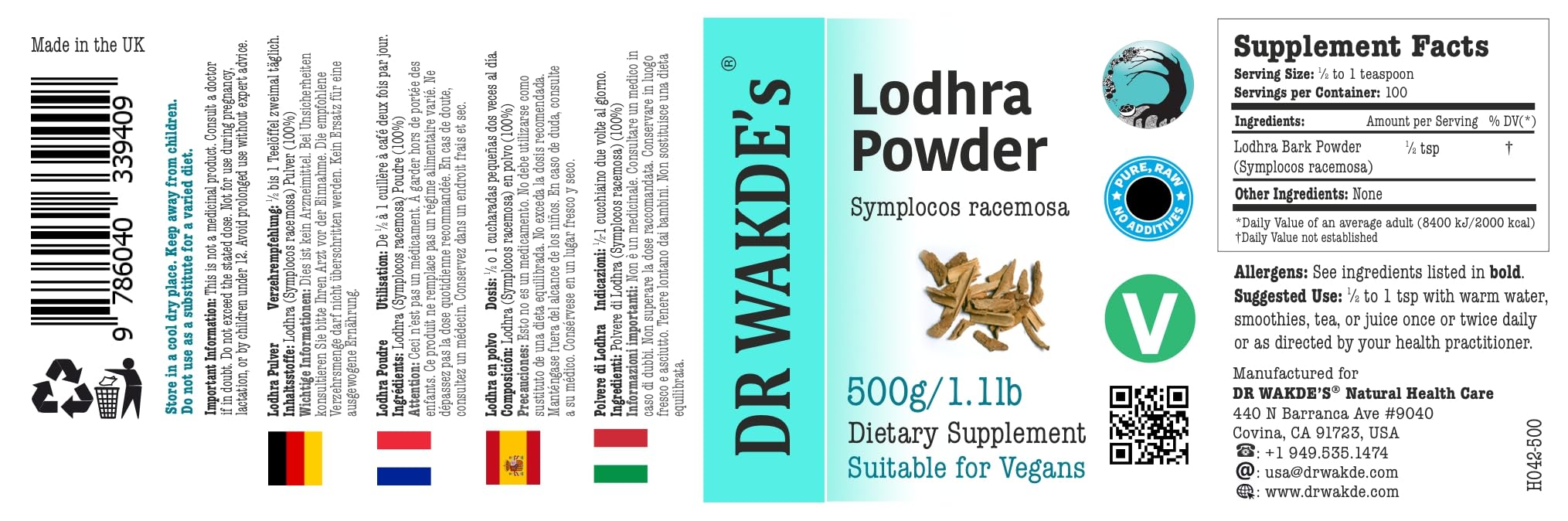 DR WAKDE'S® Lodhra Pulver (Symplocos racemosa) - 500g (1.1lb) I 100% Kräuter I Ayurvedische Nahrungsergänzung I Mengenrabatt I Versand am selben Tag