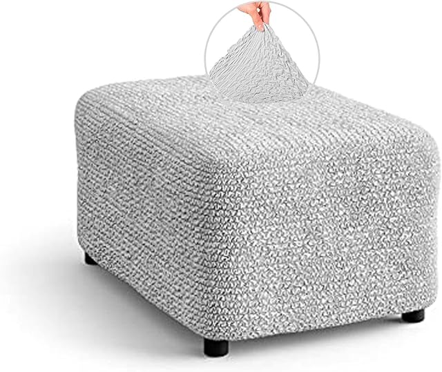 Menotti Footstool Ottoman Foot Rest Slip Cover for Sofa and Armchair Stretch Elastic Fabric Protector (Pearl, Footstool)