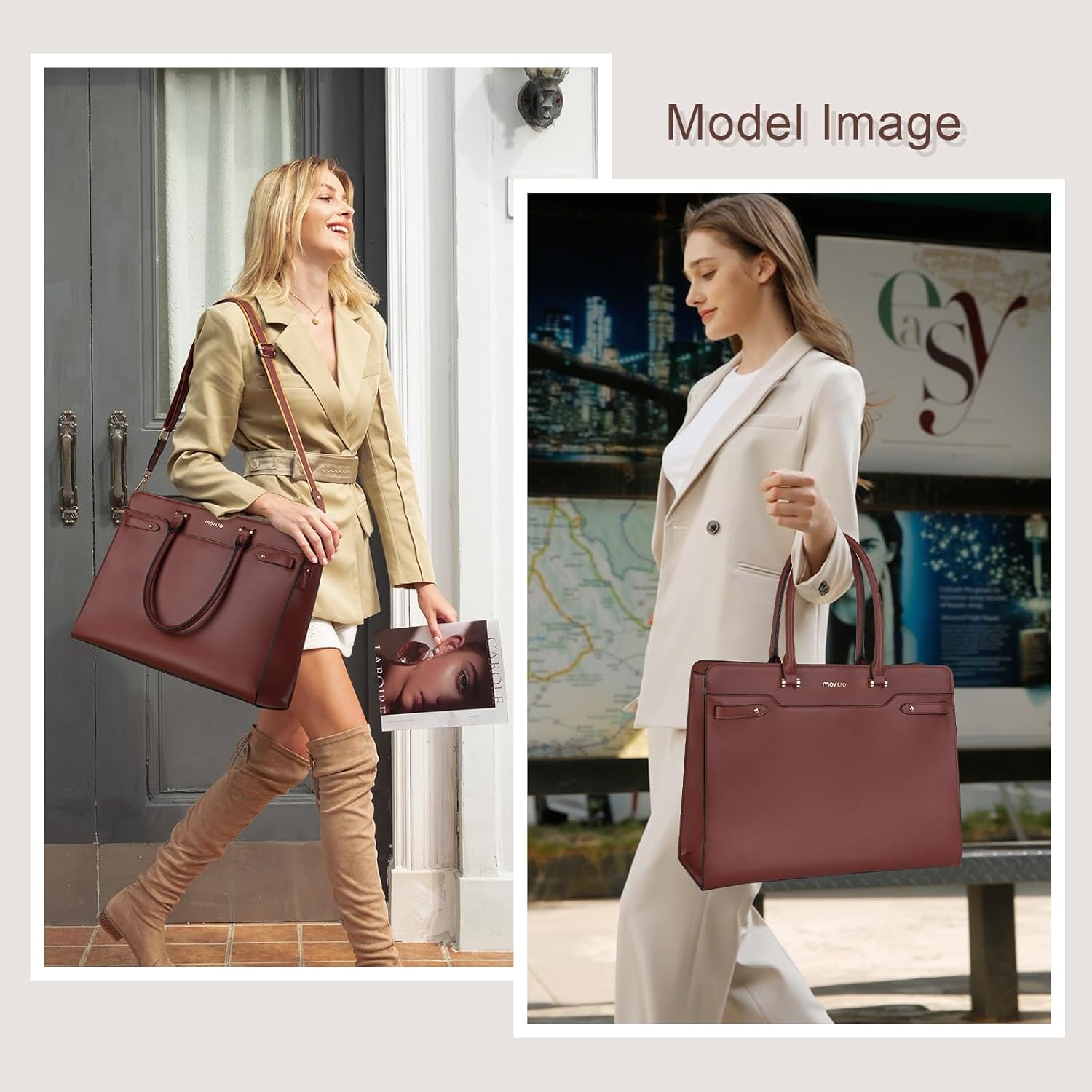 MOSISO Laptop Bag for Women, 15.6 inch Laptop Tote Bag, Waterproof Leather Front Magnetic Clasp Pocket Work Handbag, Large Capacity Computer Briefcase for Teacher Office Travel, Brown - Image 2