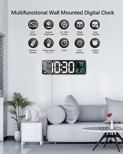 Miniatura 4 de JoFomp Moderno reloj de pared digital grande de 16 pulgadas con control remoto, pantalla LED, atenuación automática, cuenta regresiva, temperatura,