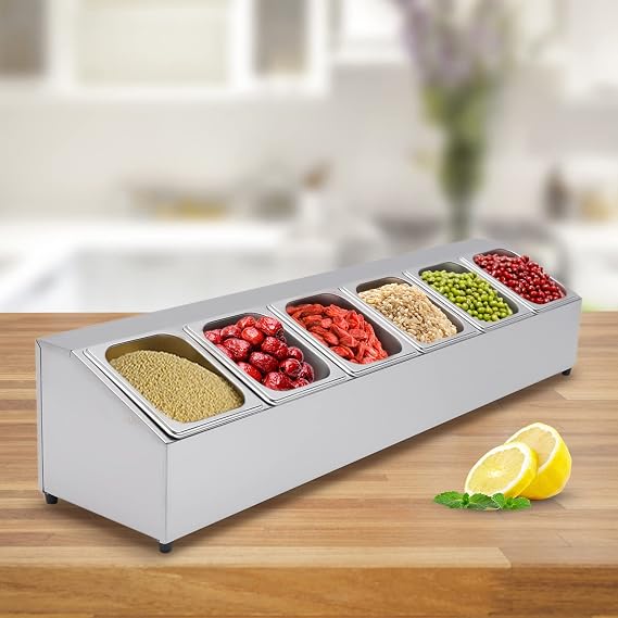 JINPRDAMZ Ingredient Container, 6 Grids, Stainless Steel Ingredient Box, Removable Gastro Container (2 Litres x 6) for Restaurants, Dairy Shops, Fruit Shops to Place All Types of Food and Spices