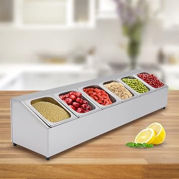 JINPRDAMZ Ingredient Container, 6 Grids, Stainless Steel Ingredient Box, Removable Gastro Container (2 Litres x 6) for Restaurants, Dairy Shops, Fruit Shops to Place All Types of Food and Spices
