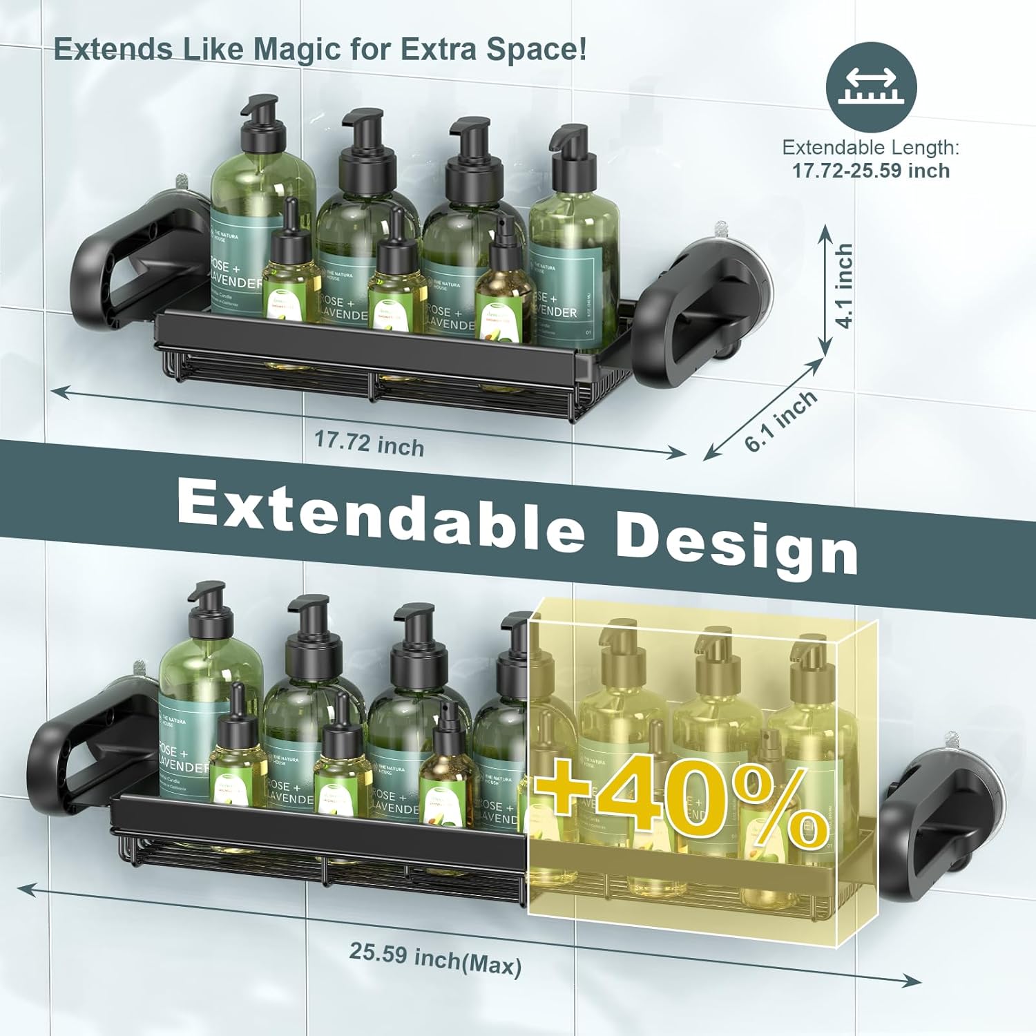 JOTPE Shower Caddy Suction Cup, Expandable Suction Shower Shelf with Large Capacity, Heavy Duty Shower Organizer Powerful Max Hold 22lbs, Removable Waterproof Metal Basket for Bathroom Kitchen Storage