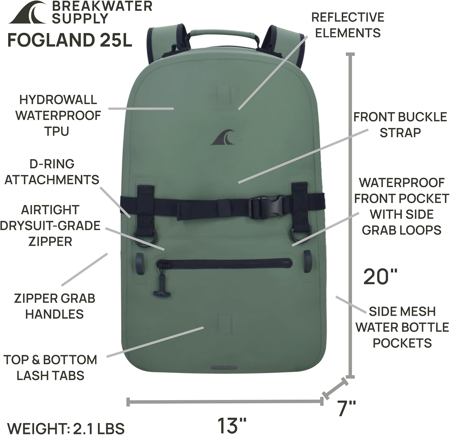 Breakwater Supply™ Waterproof IP68 Submersible Backpack with Airtight Zippers | Laptop Travel Outdoors | Fogland 25L 20L 15L | 100% Waterproof, Submersible, Airtight Zippers, Travel Outdoors