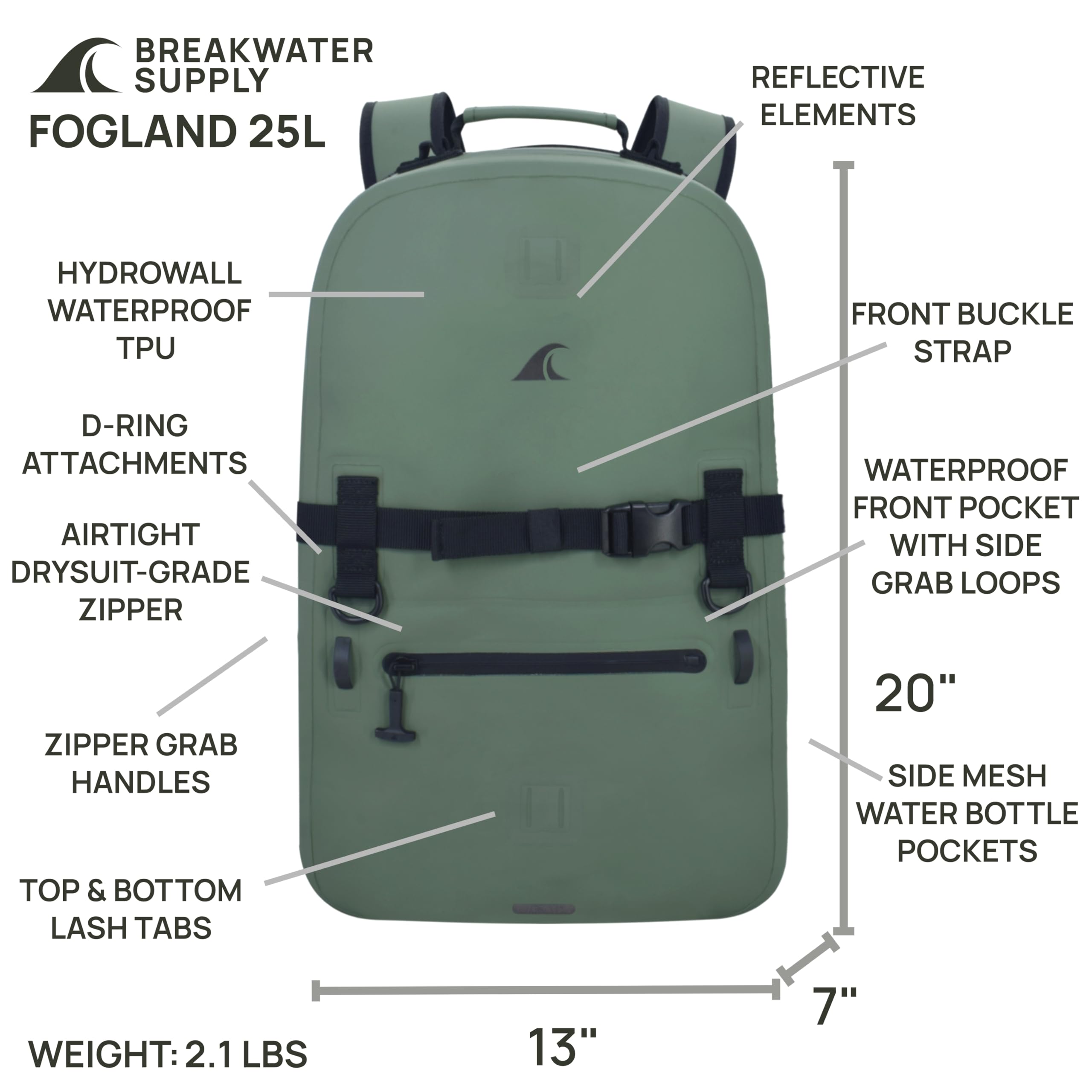 Breakwater Supply™ Fogland Tauchrucksack, wasserdicht, IP68, mit luftdichten Reißverschlüssen, Laptop, Reisen, im Freien, 25 l, 20 l, 15 l