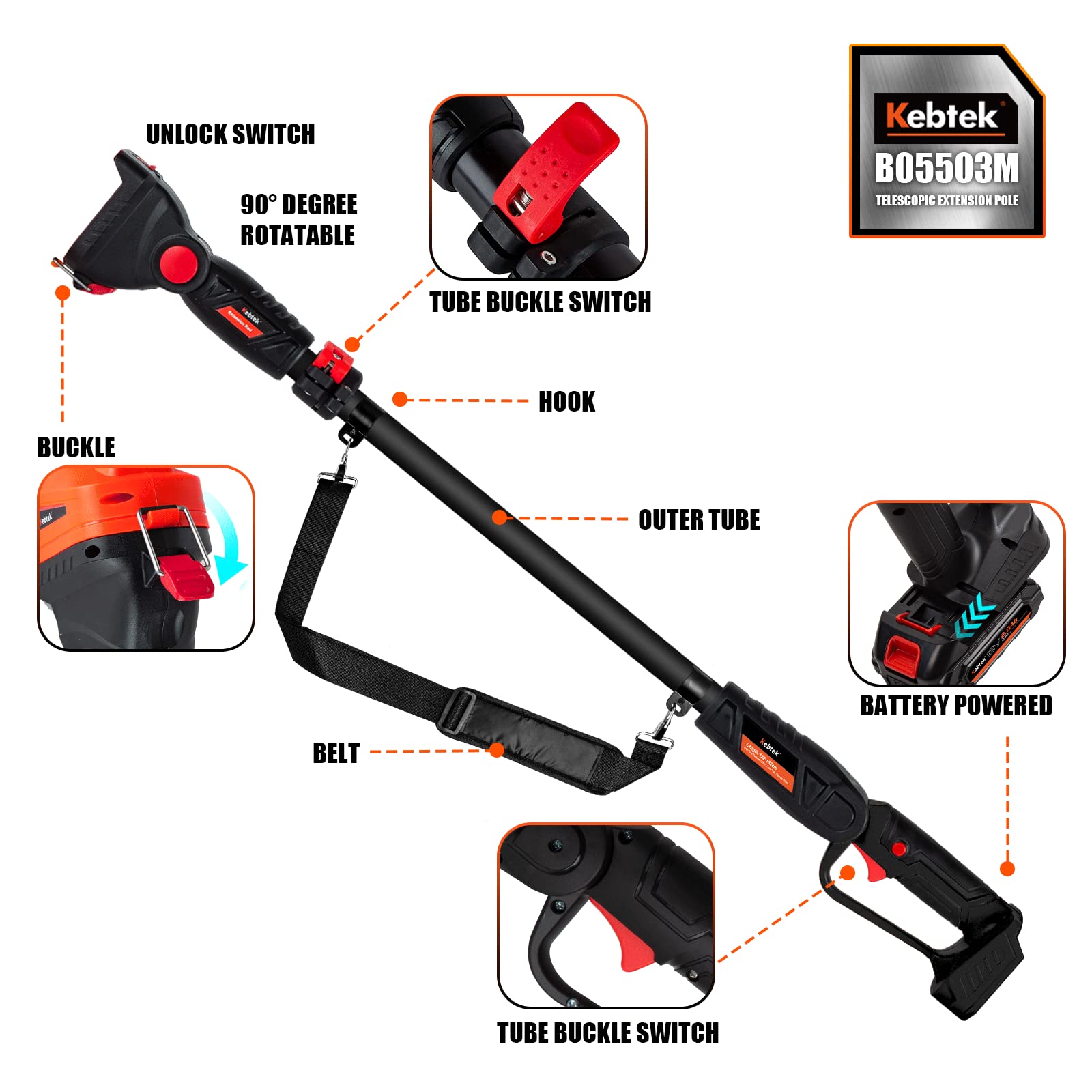 Verlängerungsstange kompatibel mit Kebtek 32mm Elektroschere, Baumschere ausziehbar, Long Reach Schere mit 6ft Länge, keine Schere enthalten - B05503M(B05503M-Pole)