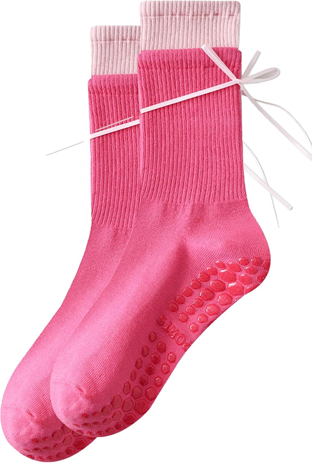 Pilates Socks With Grips For Women Ribbon Bow Yoga Socks Crew Cotton Non Slip Socks For Ballet Fitness Gym