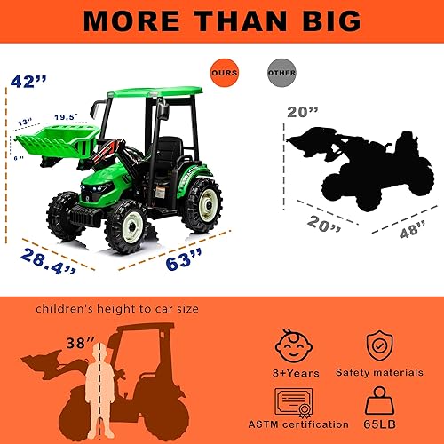 Miniatura 5 de Kidsera Tractor de paseo de 24 V con cargador frontal, excavadora con motores duales de 24 voltios, caja de 4 engranajes, marco de metal, vehículos