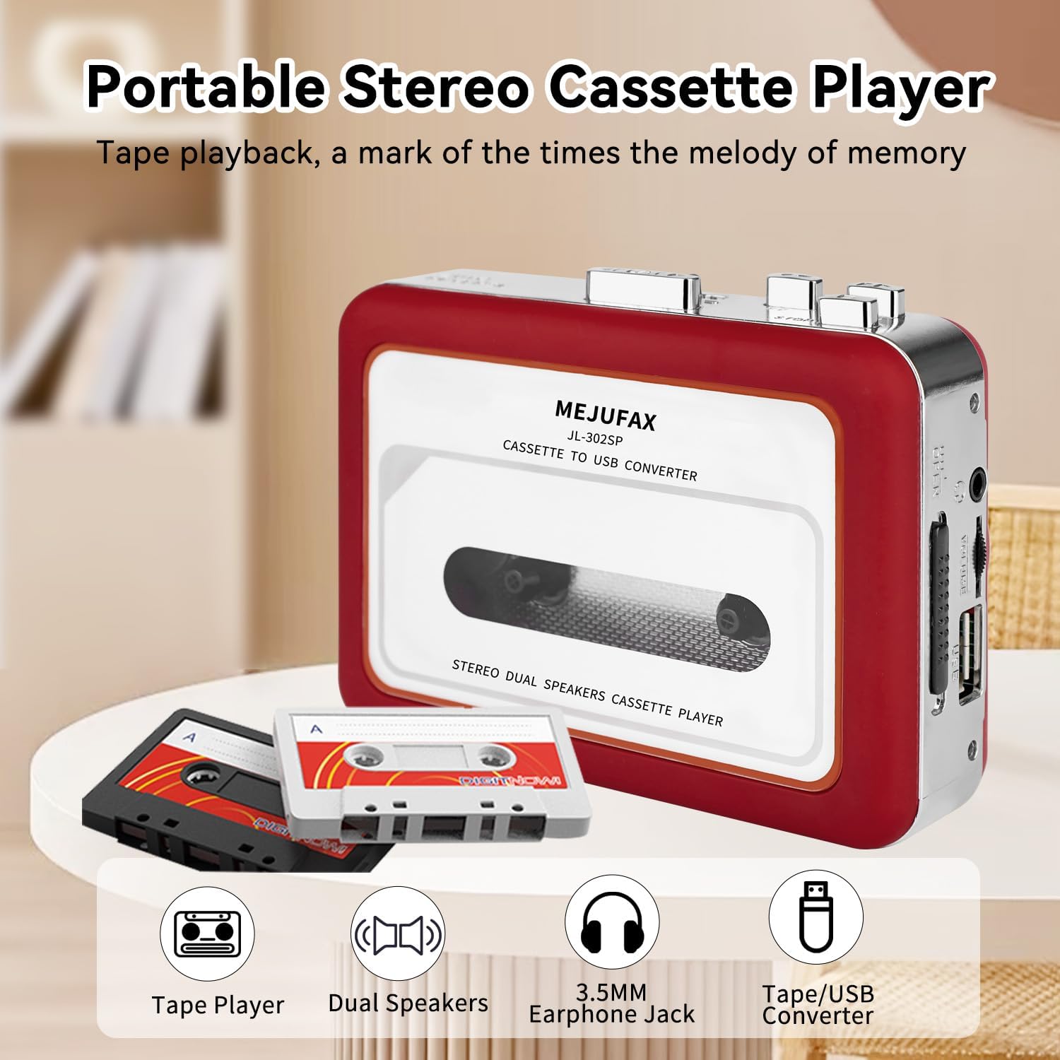 Cassette Player Recorder, Portable Cassette Tape Player with Built-in Dual Speakers, Auto Reverse, Cassette to MP3 Converter,Rewind Stereo Cassette （Red）