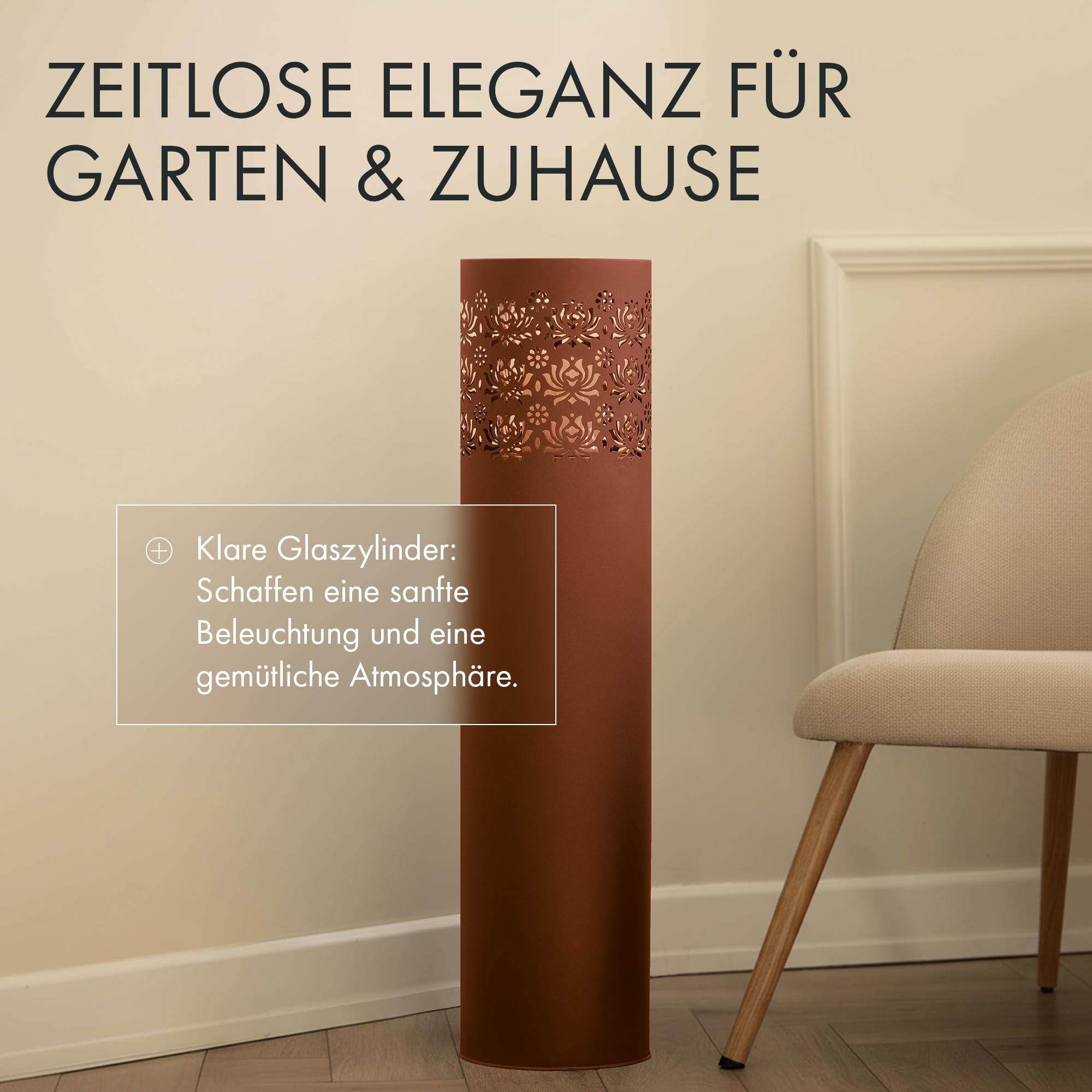 BeFair Dana Große Laternen-Säulen 2er Set Rostoptik mit Glas & Kerzen | 2 Laternen-Säulen in Rostoptik mit Glaszylindern und Kerzen für Garten, Terrasse, Balkon und Wohnbereich