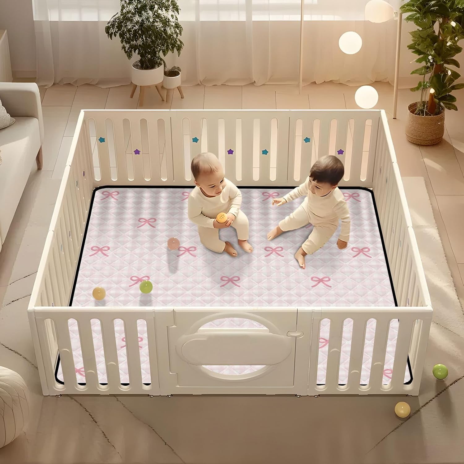 Baby Play Mat Pink Checkered and Bows 50 x 50 Playpen Mat Baby Play Mats for Floor Play Gym Crawling Mat Non-Slip Cushioned Baby Playmat for Infants, Babies, Toddlers