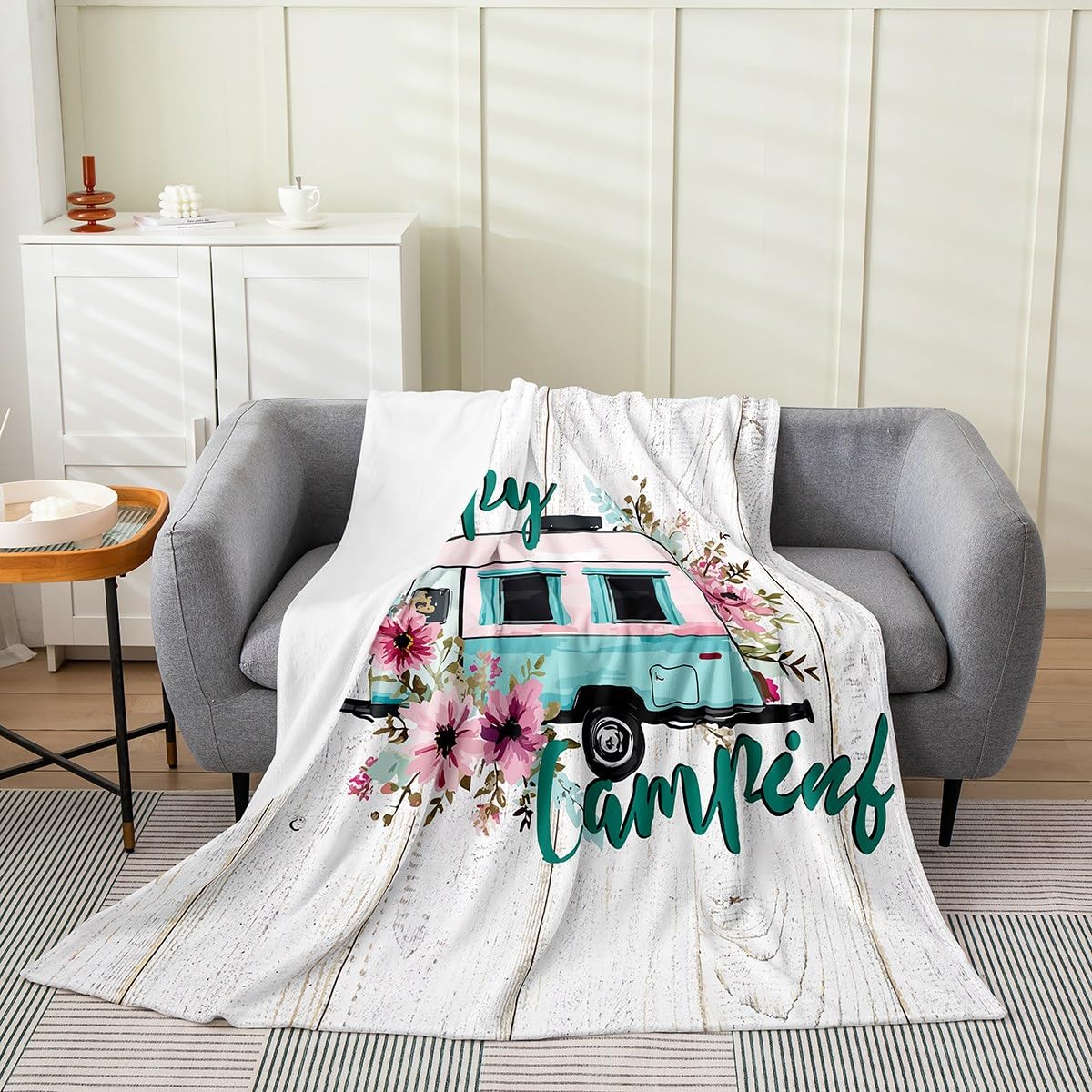 Camper Throw Blanket Kids Happy Camping Floral Plush Blanket for Girls Boys Nature Farmhouse Rustic Fleece Flannel Blanket Nature Flower Fuzzy Blanket