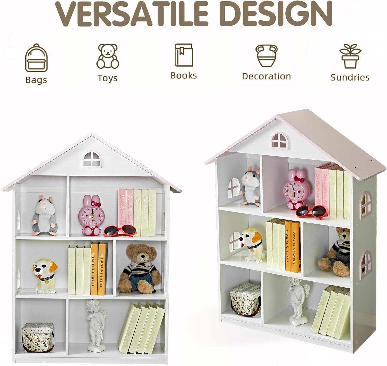 Kids Dollhouse Bookshelf and Toy Storage - Wooden Stand Dollhouse Bookcase with 3-Tier Storage Display, Bookshelf for Playing Room, Nursery, Gift for Boys Girls (6 Room - Pink with White)