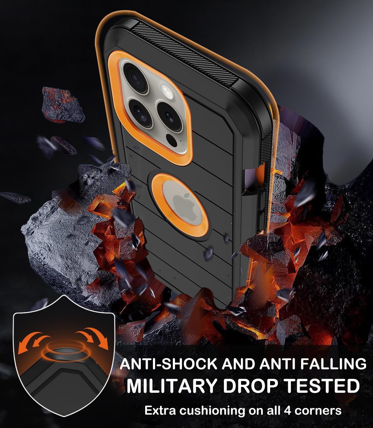 for iPhone 15 Pro Max Case with Belt Clip Holster,Built-in Screen Protector,Heavy Duty Shockproof Drop Protection Military Grade 3 Layers Rugged Phone Cover with Kickstand 6.7" (Black Orange) - Image 4